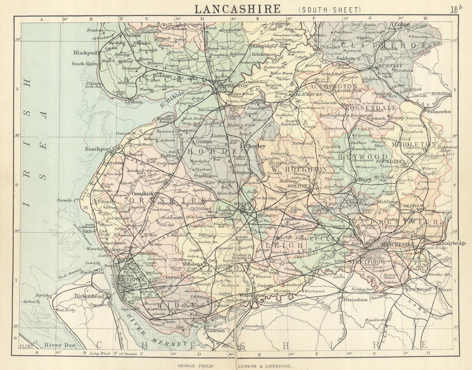 LANCASHIRE SOUTH. Antique county map. Railways roads constituencies. PHILIP 1889